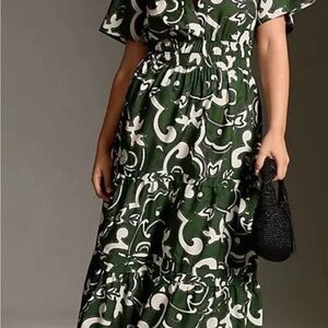 Anthropologie Green and White Patterned Maxi Dress